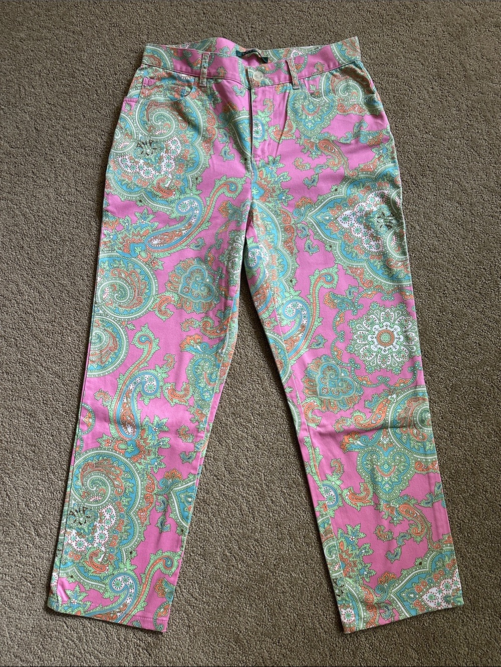 Ralph Lauren Pink Paisley Print Jeans with Teal Accents